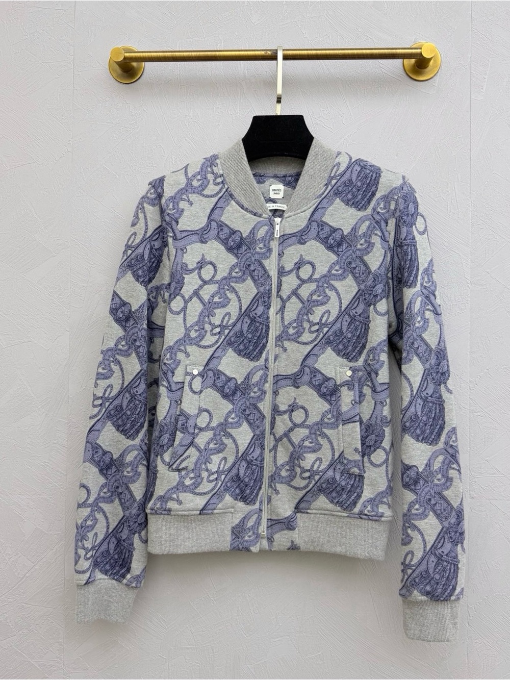 Hermes Gray Bomber Jacket with Purple Chain Print